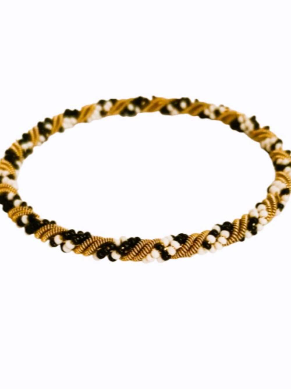 Beaded & Gold Metal Weaved Bangle 8.25" Black White Wrapped Bracelet
